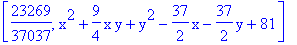 [23269/37037, x^2+9/4*x*y+y^2-37/2*x-37/2*y+81]
